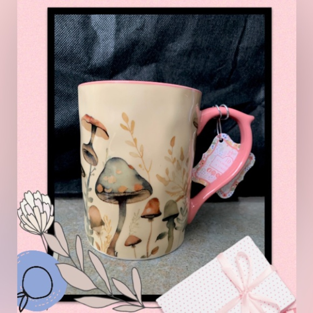 Mushroom Design Mug with Pink Handle
